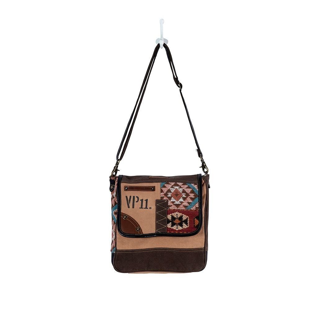Myra Bag Handmade Southwest Shoulder Bag Upcycled Canvas & Cowhide Leather - Picture 5 of 16